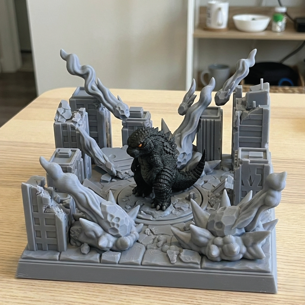 A Godzilla toy figure posed in a ruined city scene miniature set, featuring a dark gray Godzilla figure surrounded by gray destroyed buildings, smoke effects, and debris on a tabletop.