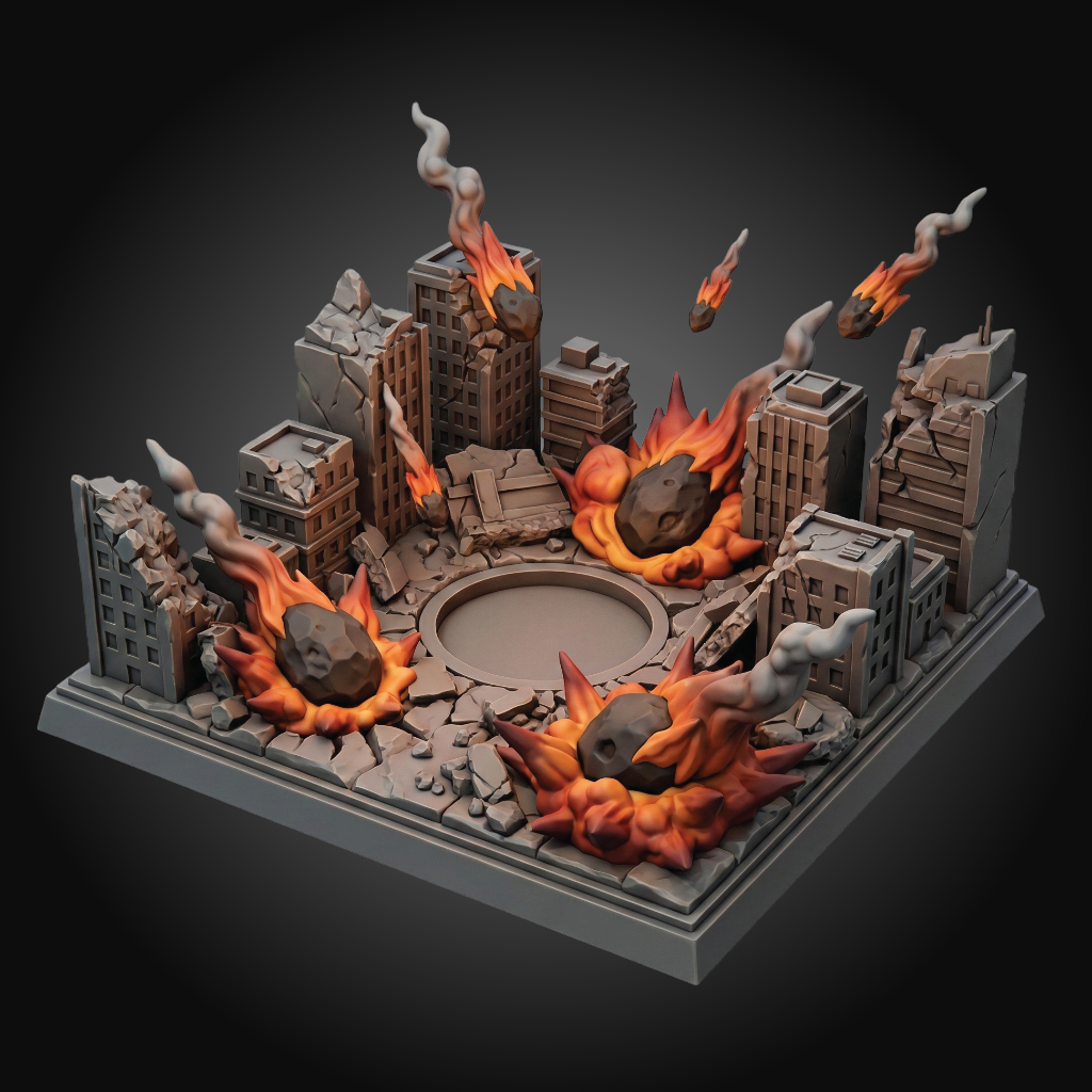 A miniature tabletop gaming diorama of a ruined city with collapsing buildings, flying rocks, and orange flames, shown on a dark gradient background.