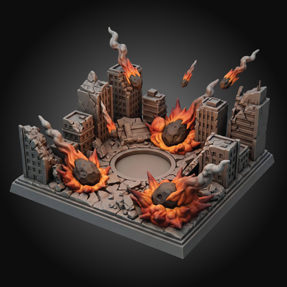 A miniature tabletop gaming diorama of a ruined city with collapsing buildings, flying rocks, and orange flames, shown on a dark gradient background.