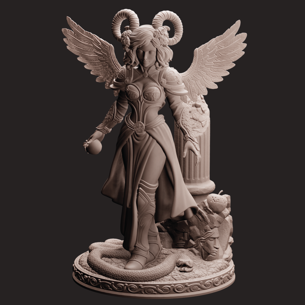 Statue of a winged creature with a column and snake on a dark background