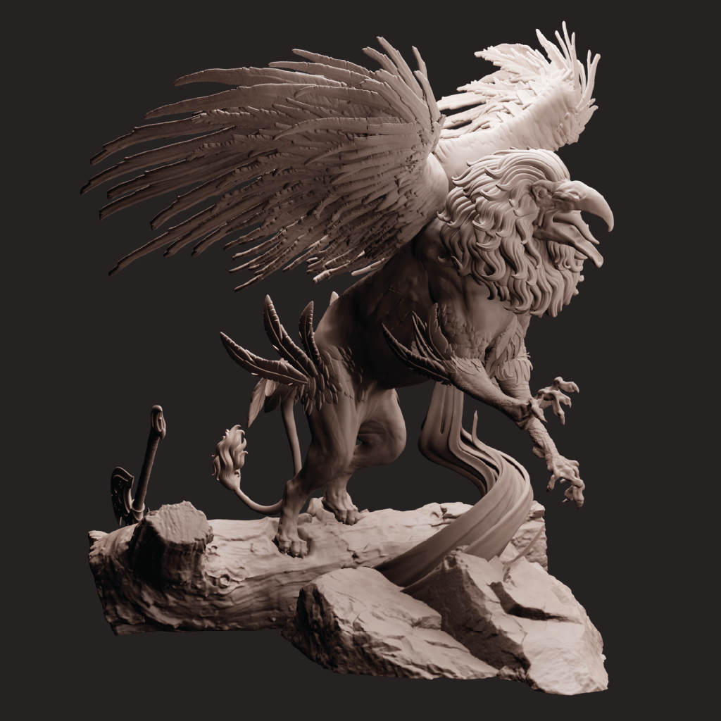 Statue of a winged lion-like creature on a dark background