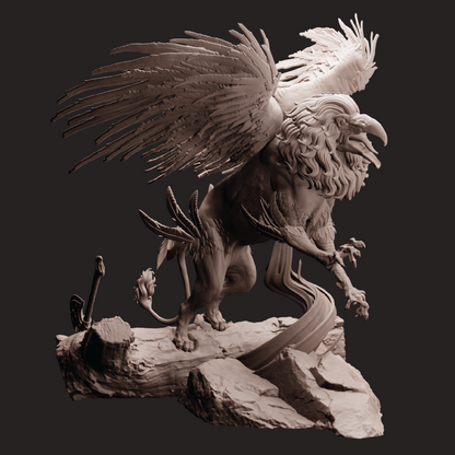Statue of a winged lion-like creature on a dark background