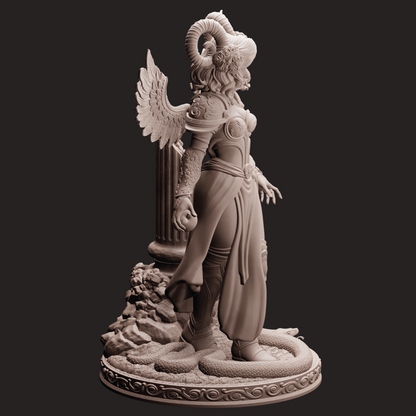 Statue of a winged figure with a dark background