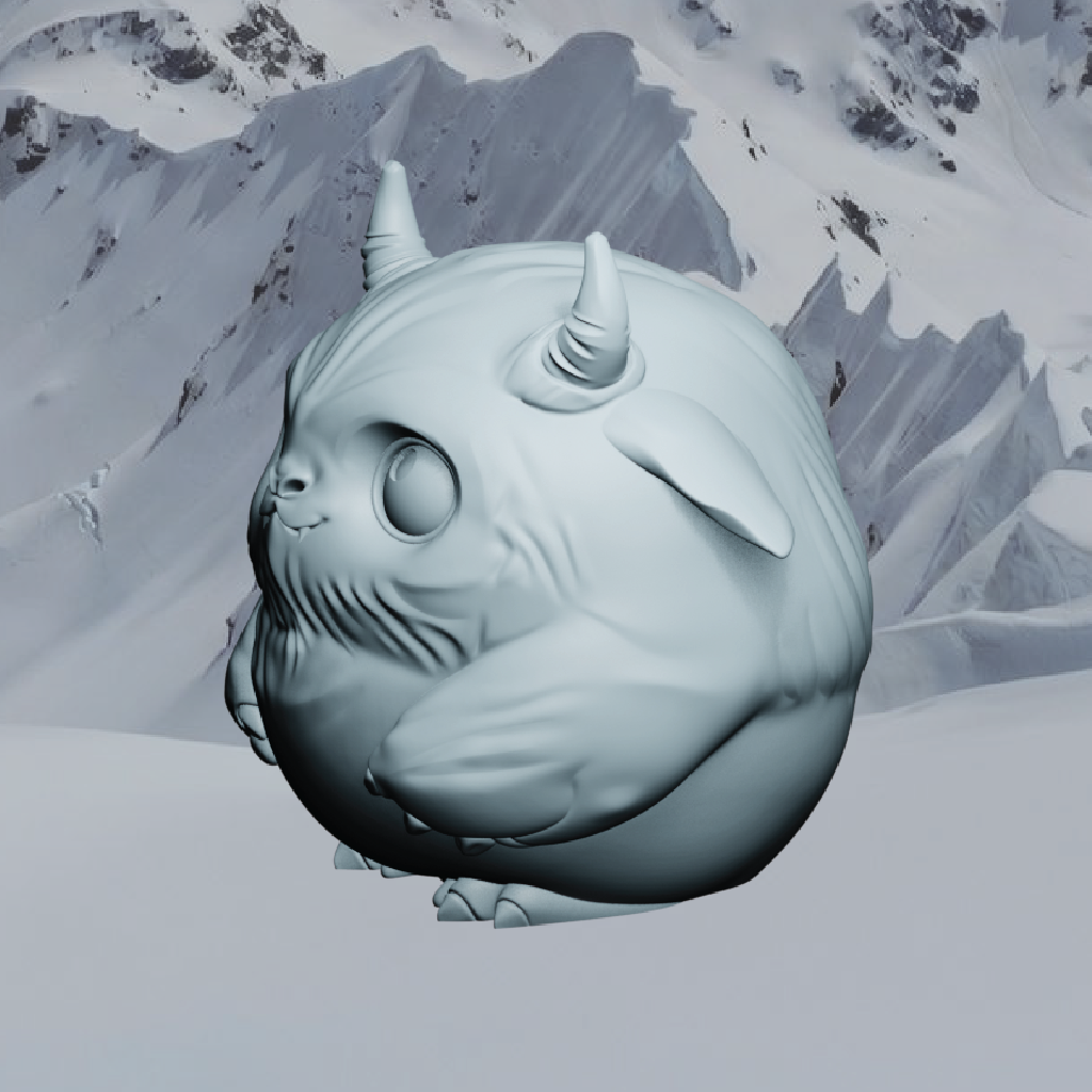 Snow sculpture of a cat-like creature against a snowy mountain background