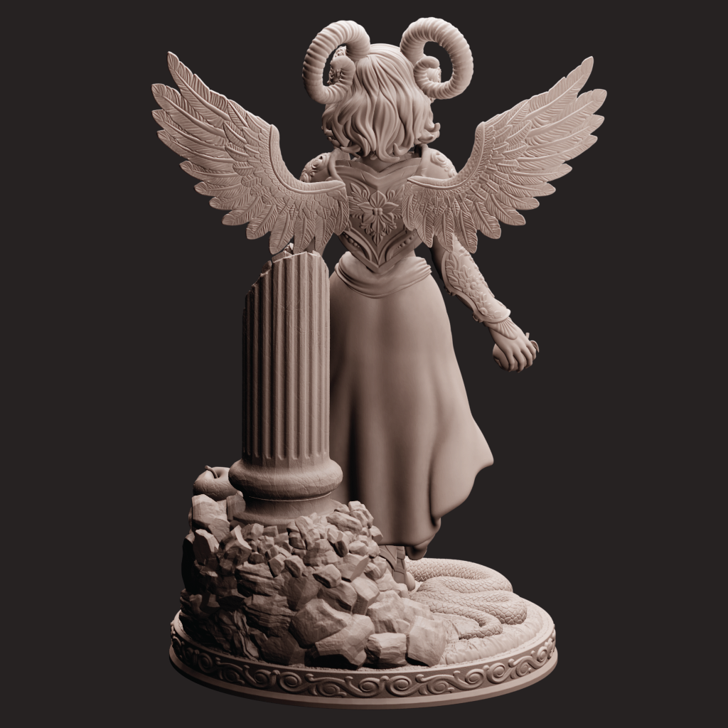 Statue of a winged creature with ram-like horns on a dark background