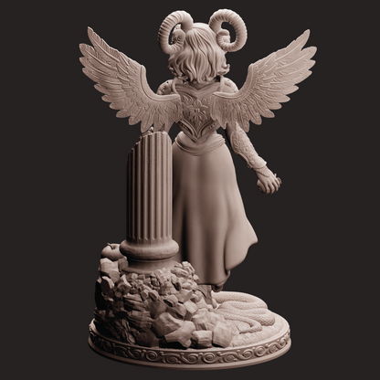 Statue of a winged creature with ram-like horns on a dark background