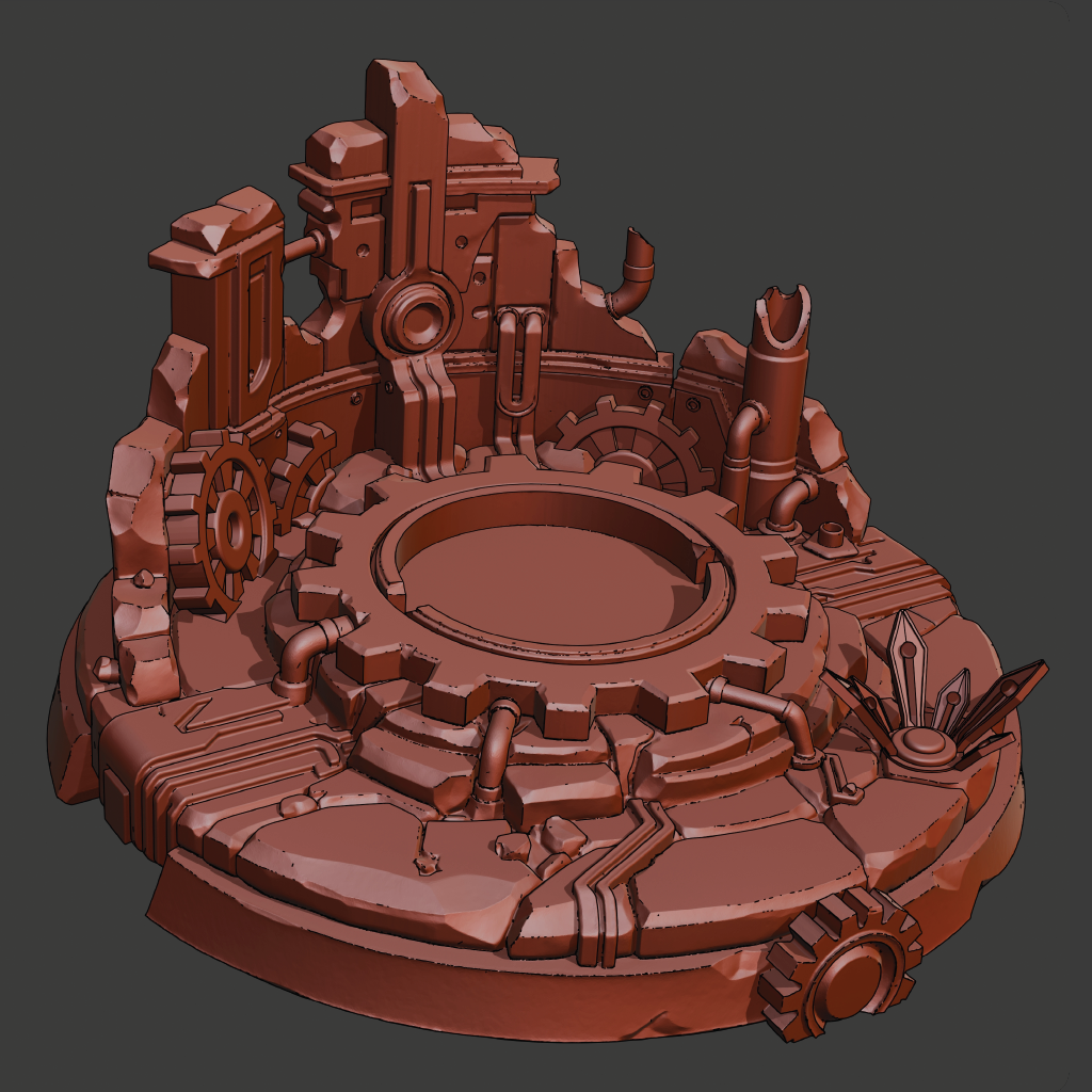A 3D-rendered sci-fi mechanical base or terrain piece in a uniform reddish-brown color, featuring circular platforms, gears, pipes, and angular industrial details, shown on a dark gray background.