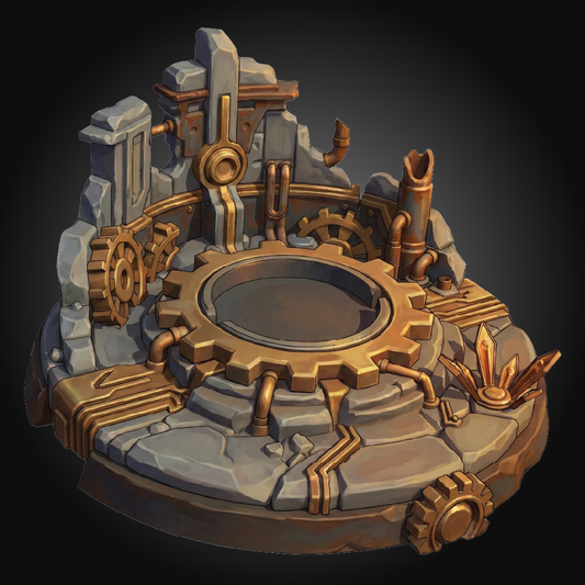Steampunk-themed circular platform featuring a central circular pit surrounded by bronze gears, pipes, and metallic mechanical details on a dark gray background.
