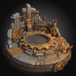 Steampunk-themed circular platform featuring a central circular pit surrounded by bronze gears, pipes, and metallic mechanical details on a dark gray background.