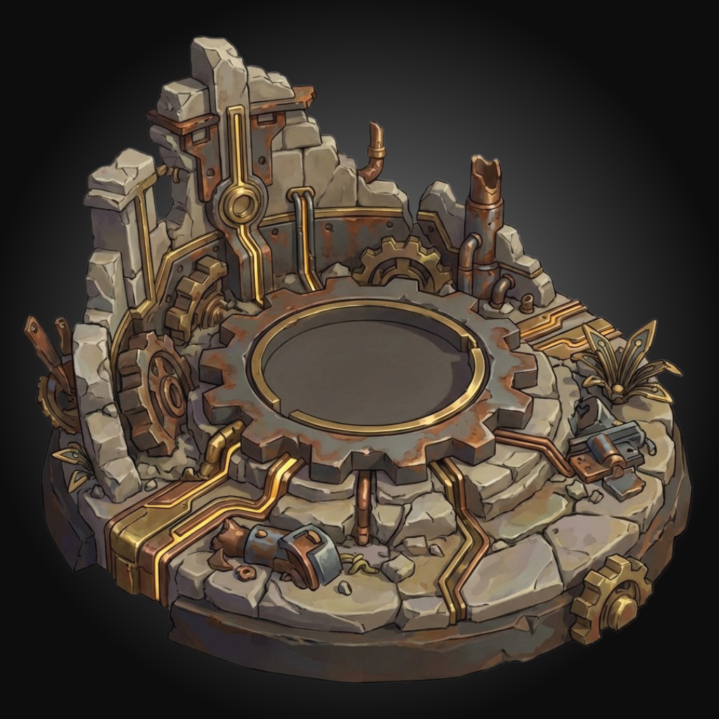 A steampunk-themed circular stone platform with gears, pipes, and metallic details, shown isolated on a dark gradient background.