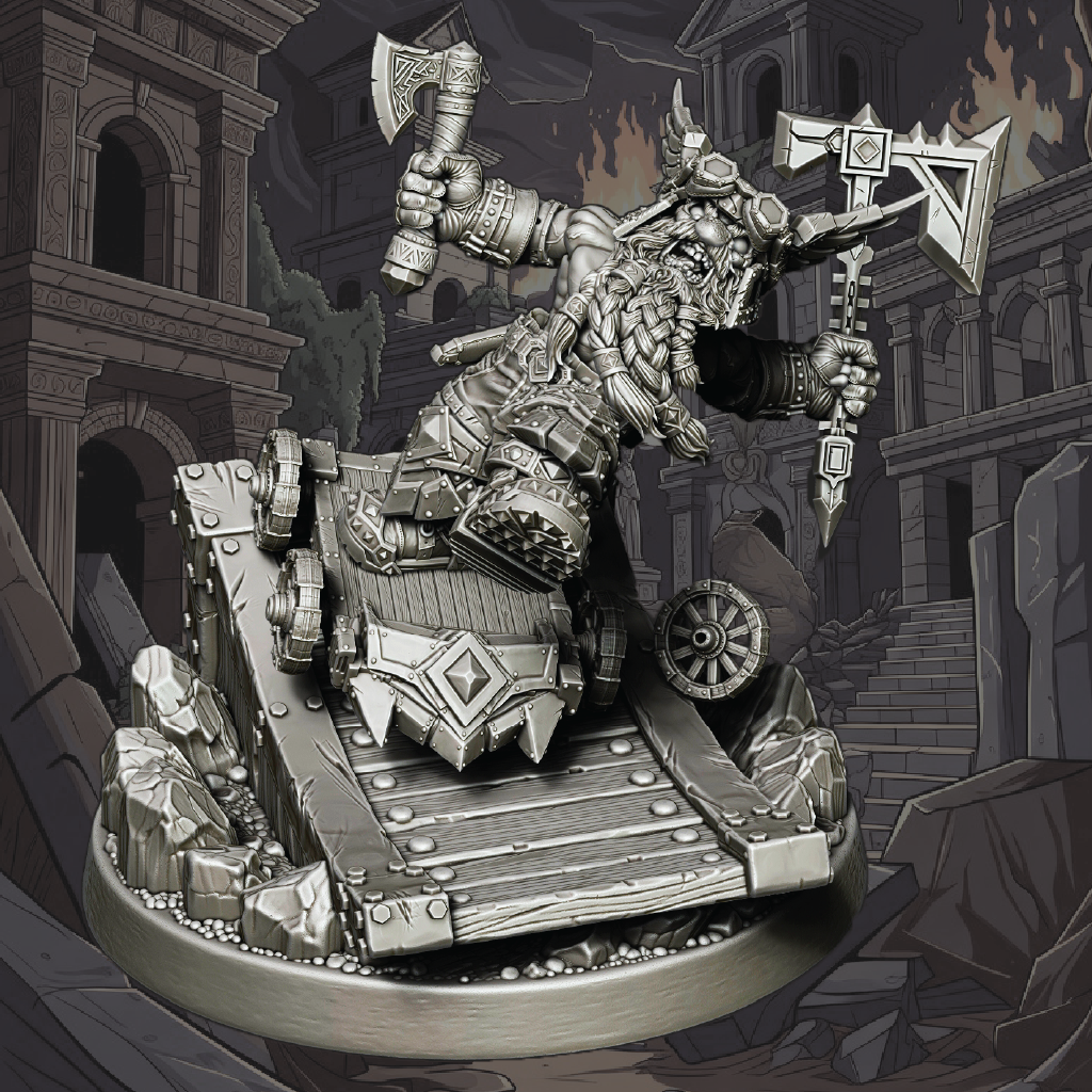 Metallic warrior figurine with armor and weapons in a dark, gothic setting
