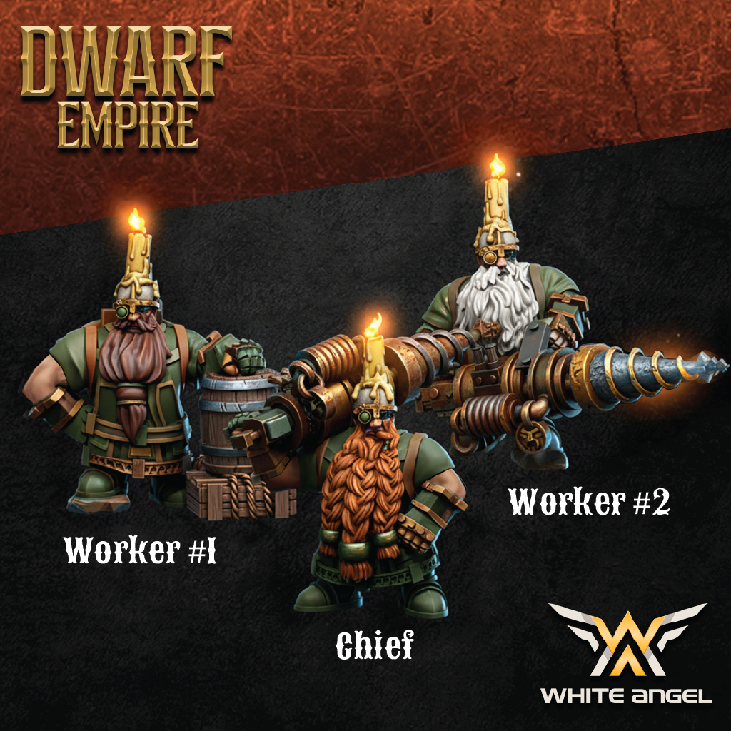Three dwarf figurines labeled 'Worker #1', 'Chief', and 'Worker #2' with 'Dwarf Empire' branding on a dark background.
