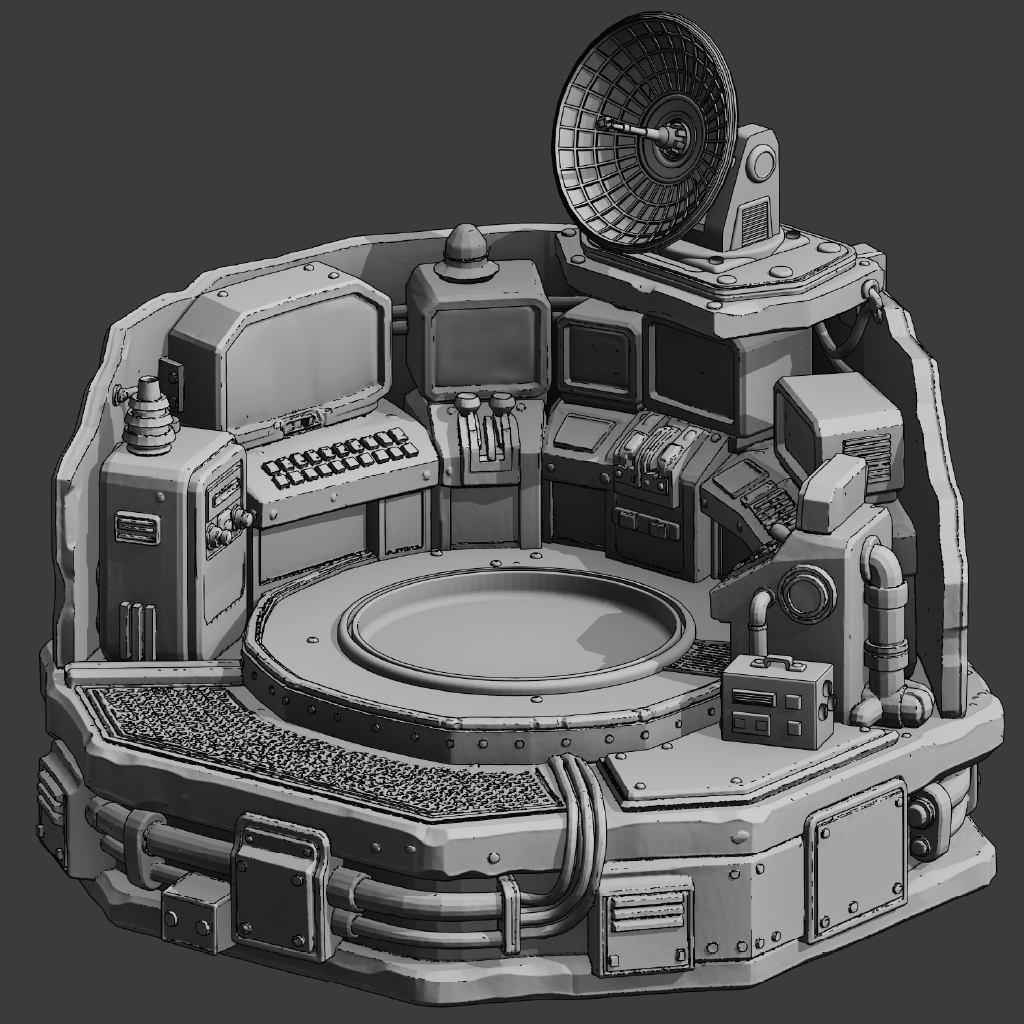A 3D digital render of a highly detailed sci-fi control room or spaceship command deck, shown in grayscale with a dark gray background.