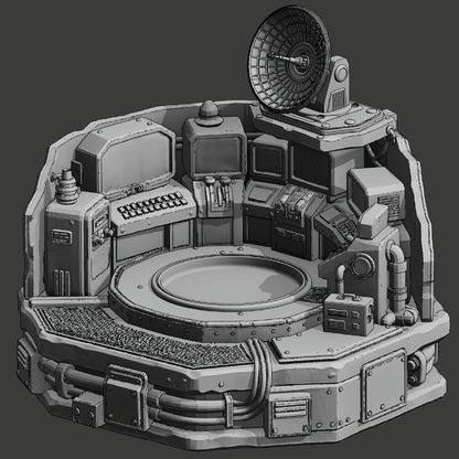 A 3D digital render of a highly detailed sci-fi control room or spaceship command deck, shown in grayscale with a dark gray background.