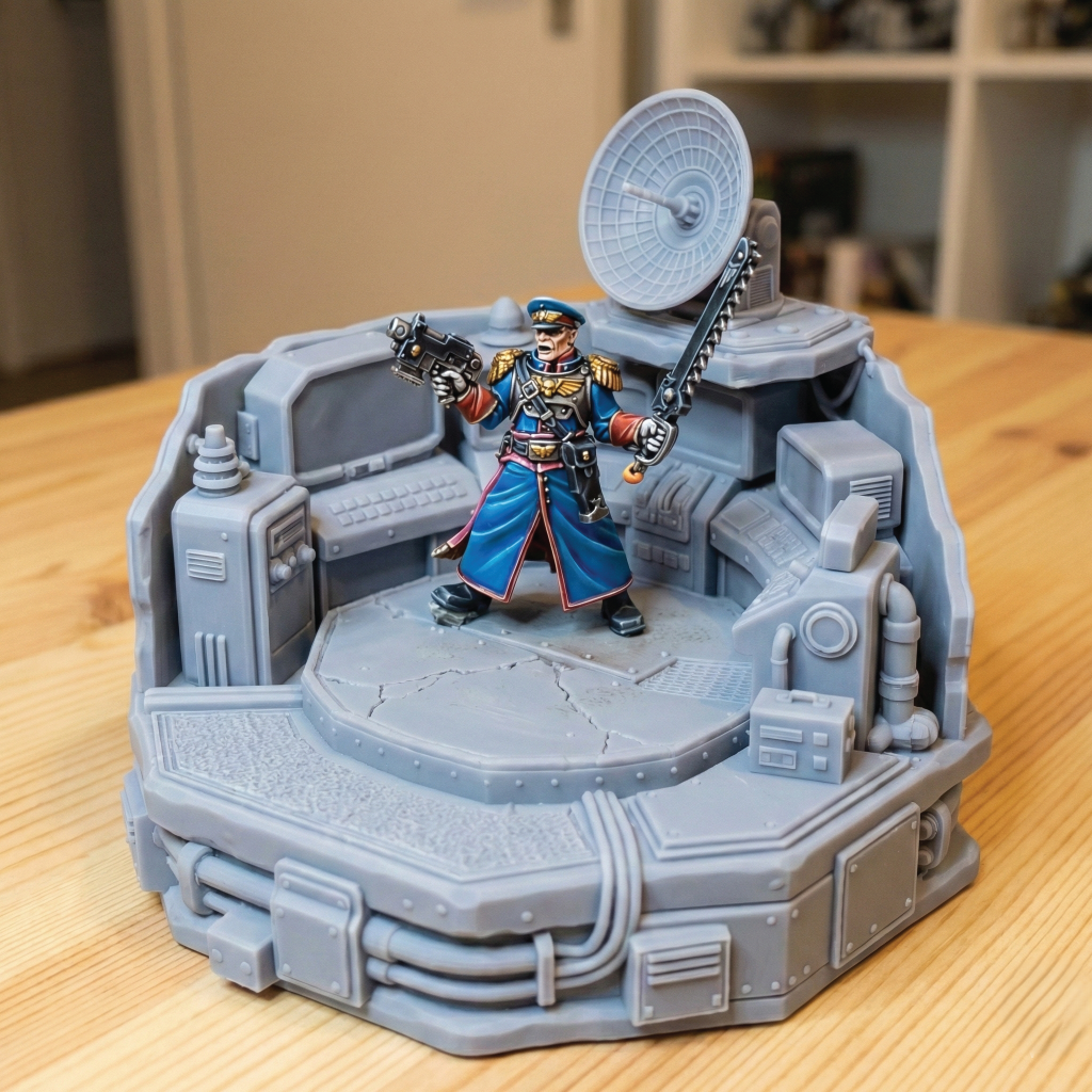 A painted tabletop miniature figurine of a military officer in blue and gold armor, posed inside a gray sci-fi control room base on a wooden table.