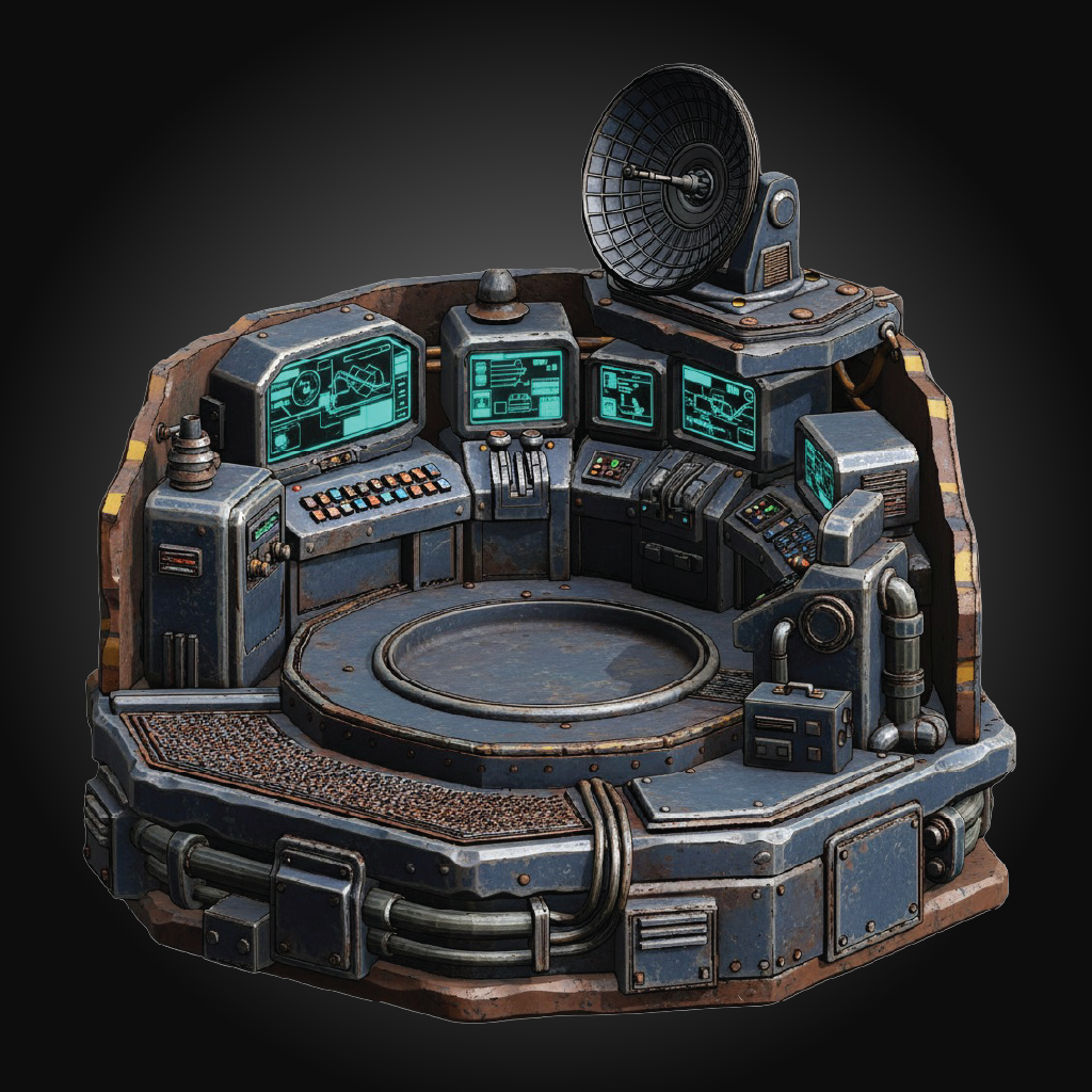 A highly detailed sci-fi control room set or miniature base, featuring multiple blue-gray consoles, glowing green screens, a central circular platform, and a large dish antenna on a dark background.