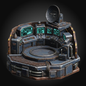 A highly detailed sci-fi control room set or miniature base, featuring multiple blue-gray consoles, glowing green screens, a central circular platform, and a large dish antenna on a dark background.