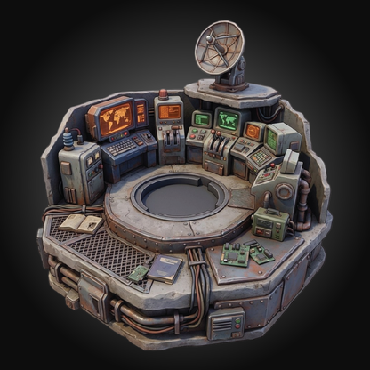 A highly detailed sci-fi control room set featuring multiple consoles, illuminated screens, a central circular opening, and a mounted radar dish, isolated on a dark gradient background.