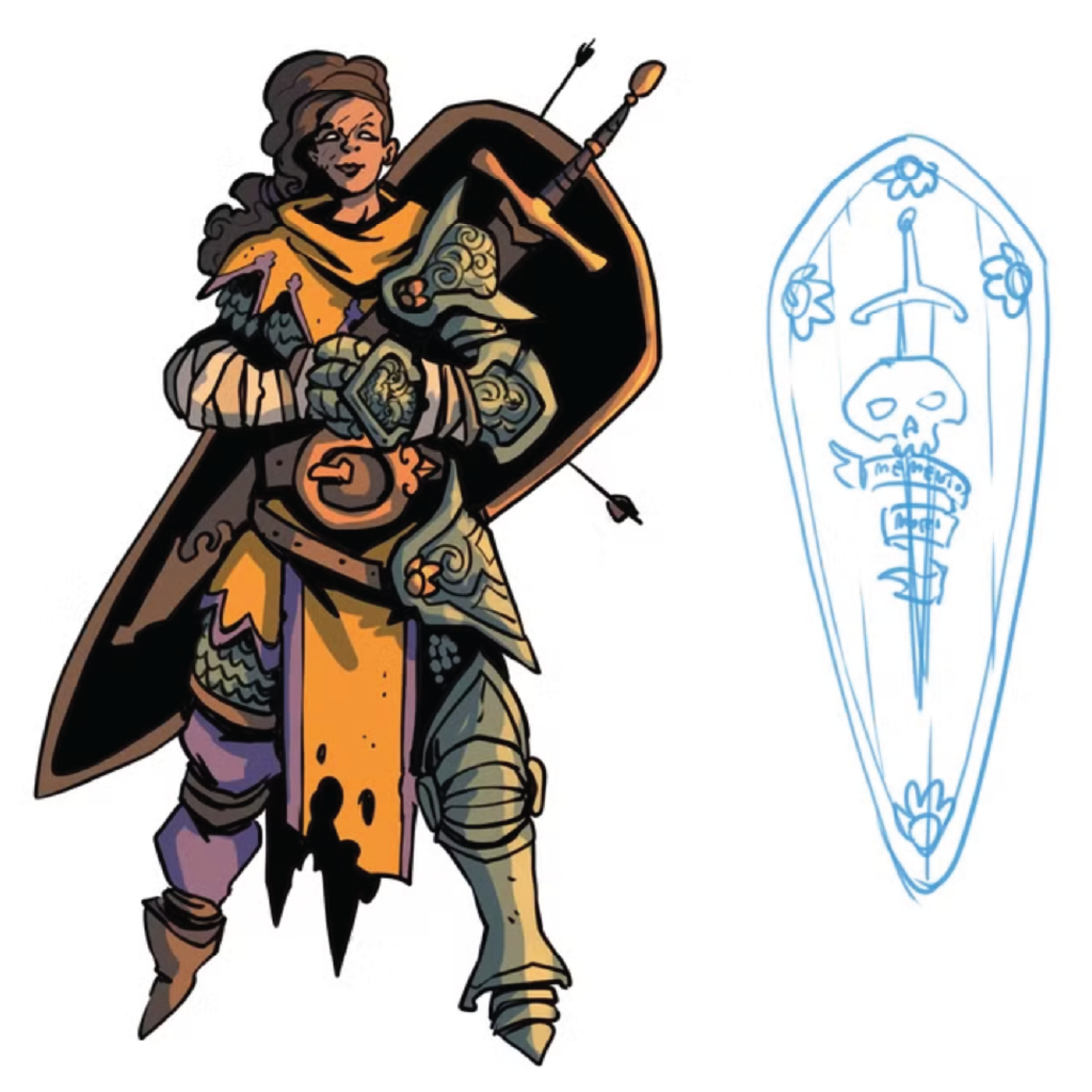 Illustration of a warrior holding a shield with a detailed design, on a white background.