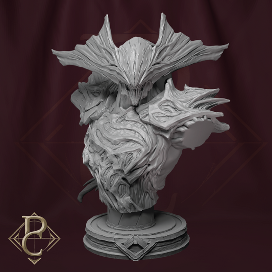 Gray fantasy creature head sculpture on a dark red background