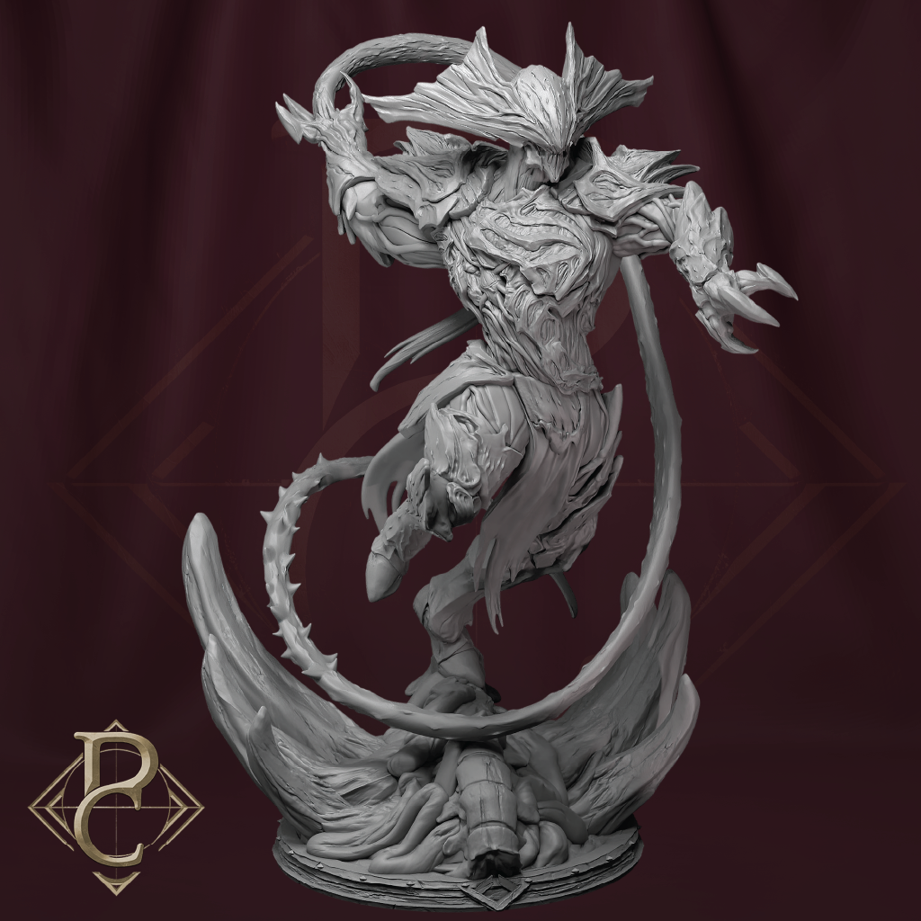 Gray fantasy creature figurine on a dark red background