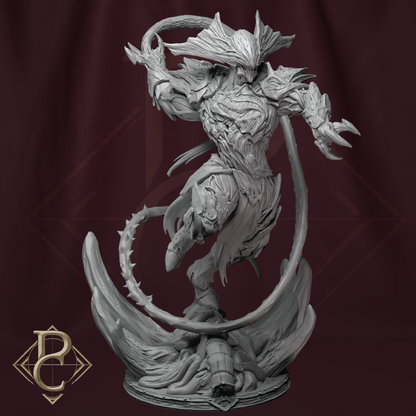 Gray fantasy creature figurine on a dark red background