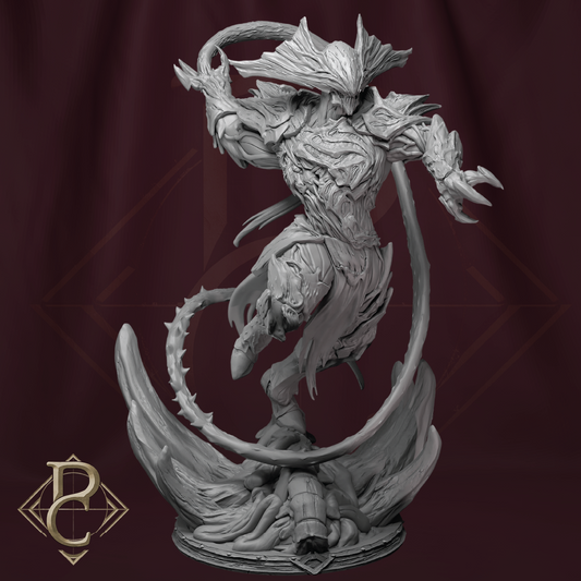Gray fantasy creature figurine on a dark red background