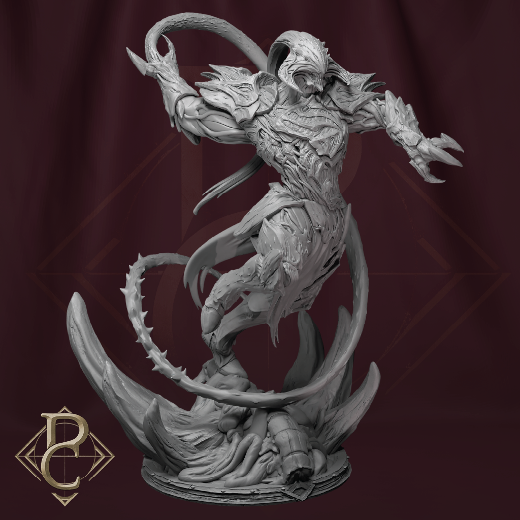 Gray-scale fantasy figurine on a dark red background