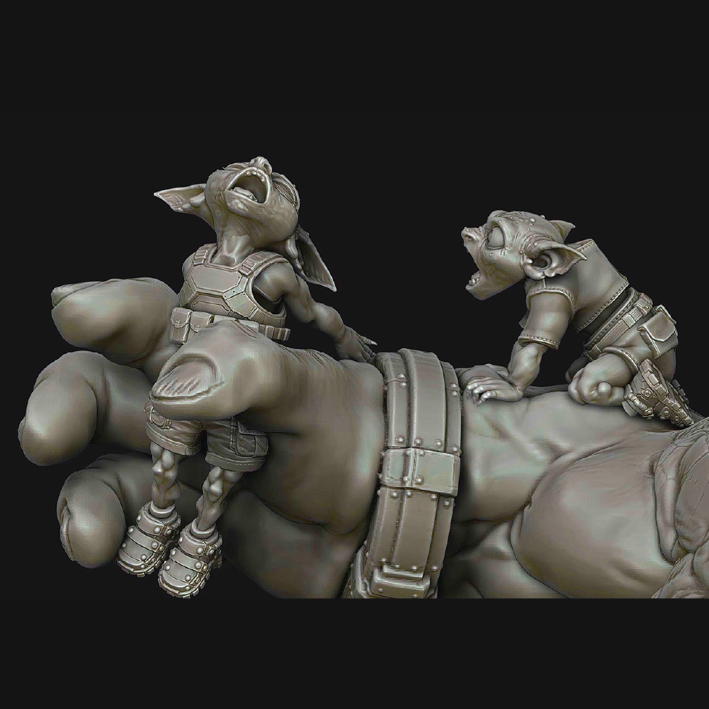 A monochrome 3D-rendered fantasy sculpture showing two small animal-like characters perched on a large muscular hand, set against a solid black background.