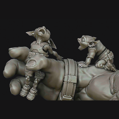 A monochrome 3D-rendered fantasy sculpture showing two small animal-like characters perched on a large muscular hand, set against a solid black background.