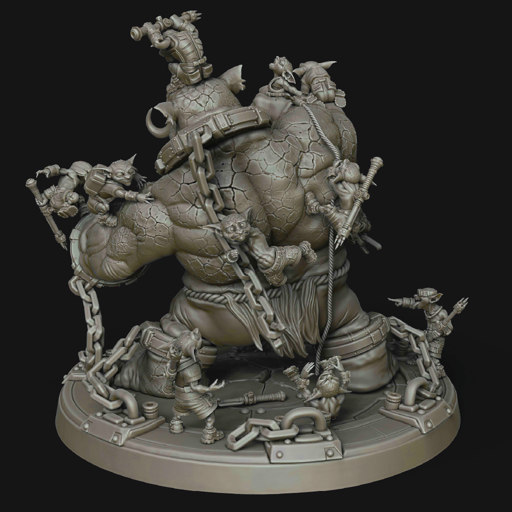 A detailed fantasy miniature figurine of a heavily armored, muscular goblin-like warrior with smaller goblin figures around it, shown on a dark studio background.