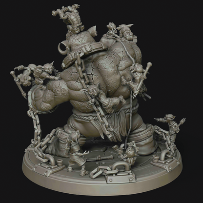 A detailed fantasy miniature figurine of a heavily armored, muscular goblin-like warrior with smaller goblin figures around it, shown on a dark studio background.