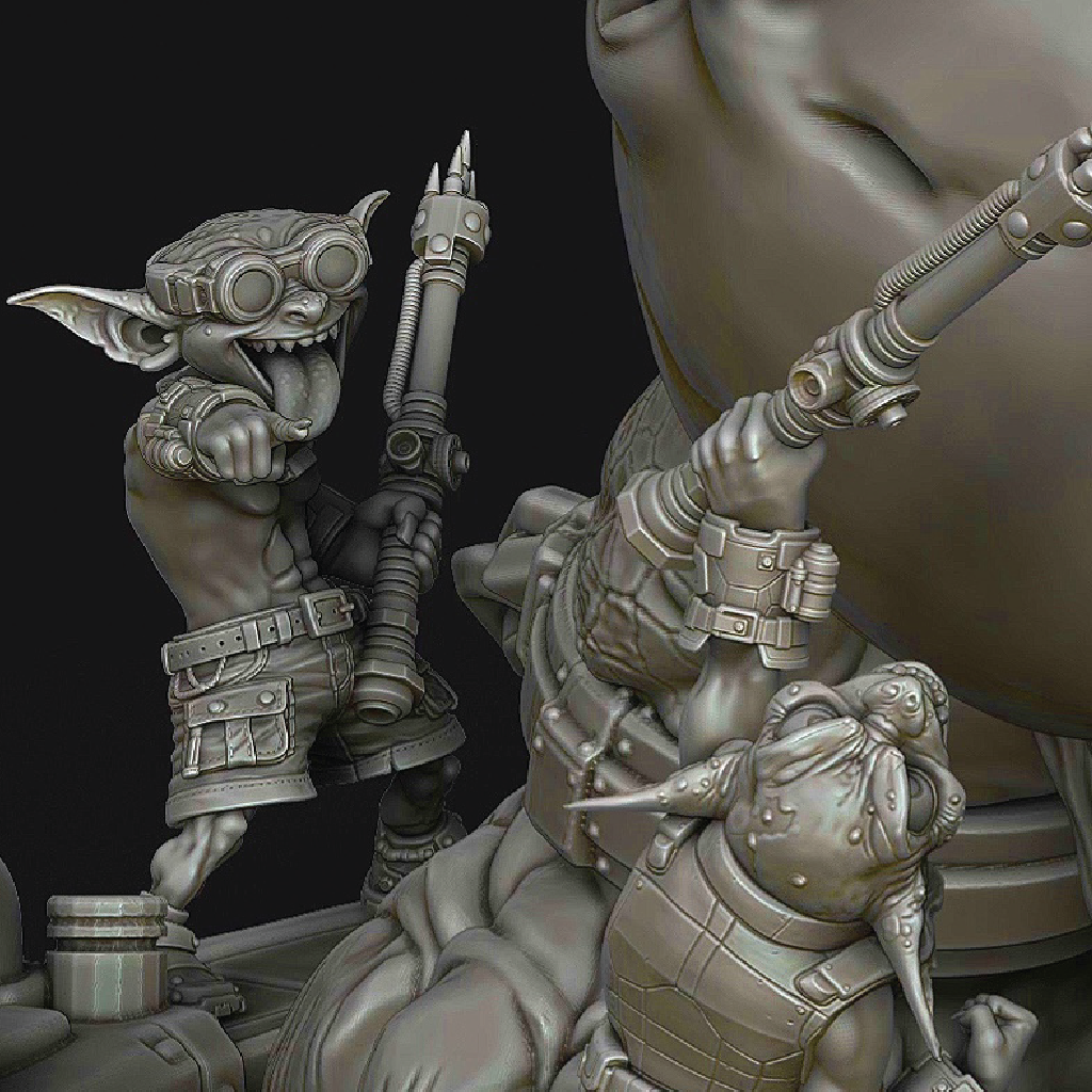 Unpainted gray 3D-printed miniature figurines of sci-fi creatures, including a goblin-like character with goggles and a rifle, and a large creature in armor, shown against a dark background.