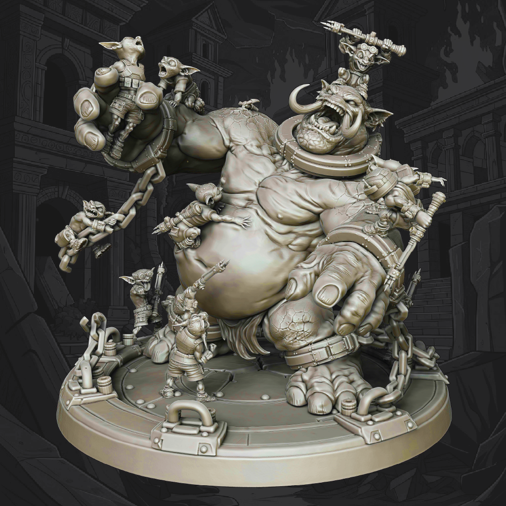 A detailed fantasy tabletop miniature sculpture of a goblin-like creature carrying smaller goblin figures, shown on a round display base against a dark illustrated backdrop.