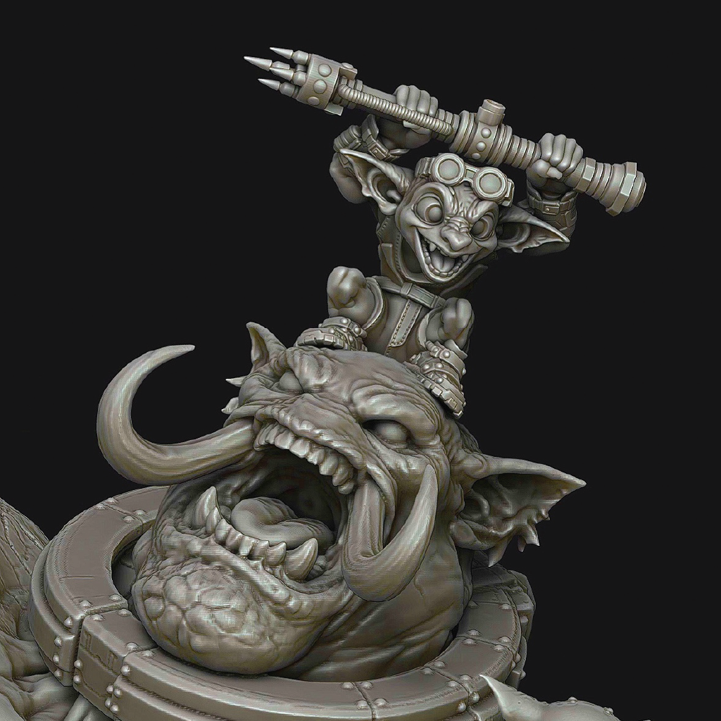 A detailed 3D-rendered fantasy figurine of a small goblin-like character with goggles and a clawed weapon, riding a large snarling beast with long tusks, shown against a dark background.