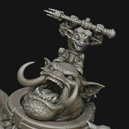 A detailed 3D-rendered fantasy figurine of a small goblin-like character with goggles and a clawed weapon, riding a large snarling beast with long tusks, shown against a dark background.