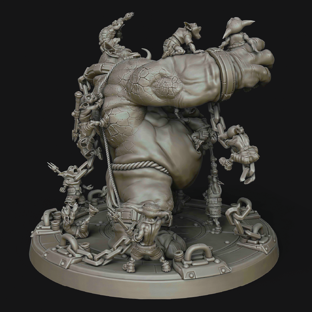 A detailed 3D-rendered fantasy statue of a muscular goblin-like figure carrying a large stone or wood beam, with smaller creatures and chains around it, shown on a black background.