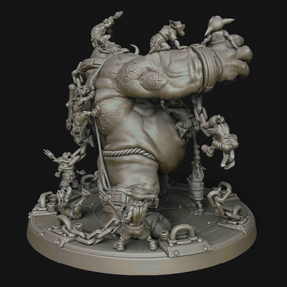 A detailed 3D-rendered fantasy statue of a muscular goblin-like figure carrying a large stone or wood beam, with smaller creatures and chains around it, shown on a black background.