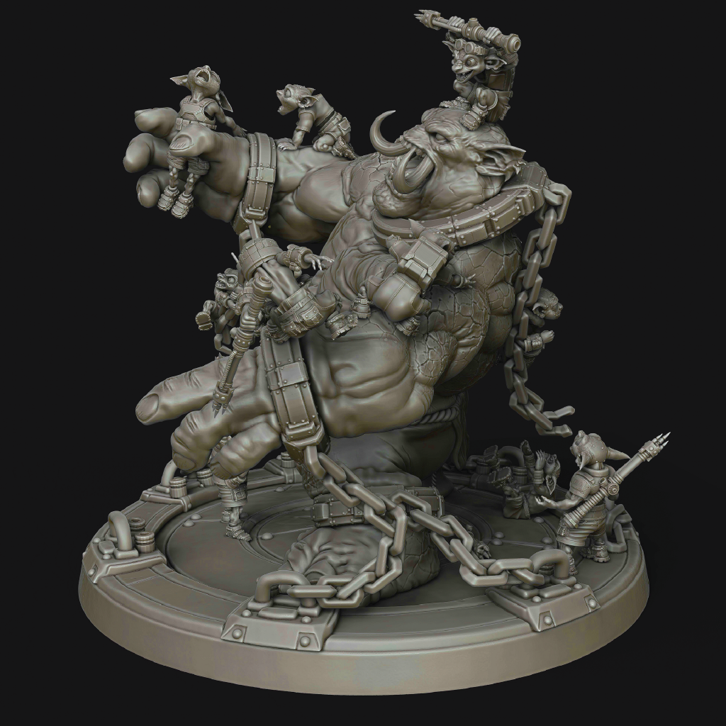 A detailed fantasy miniature sculpture of a muscular goblin or orc-like creature carrying a large human foot, with smaller goblin figures and chains across a round base, shown on a dark studio background.