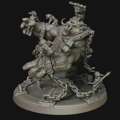 A detailed fantasy miniature sculpture of a muscular goblin or orc-like creature carrying a large human foot, with smaller goblin figures and chains across a round base, shown on a dark studio background.