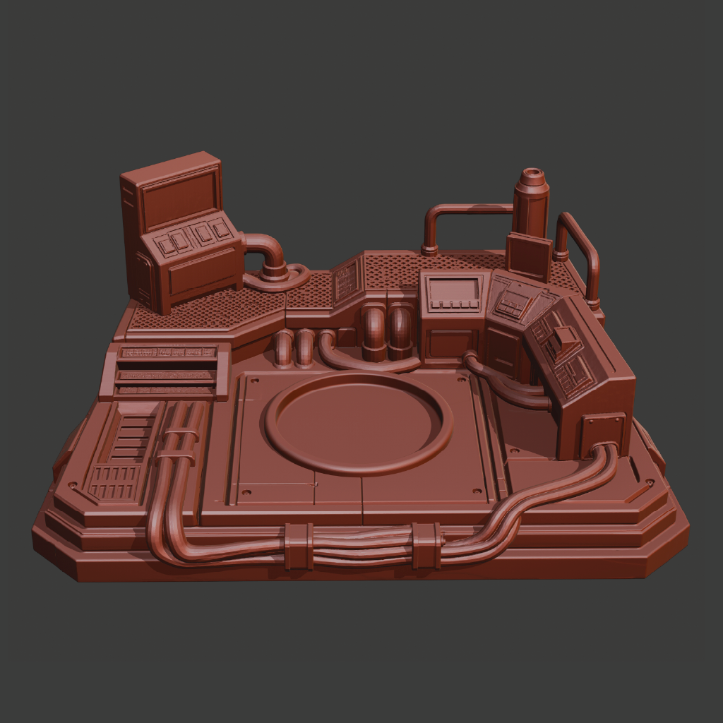 A 3D-rendered sci-fi control console or industrial station module in a uniform reddish-brown color, shown isolated on a dark gray background.