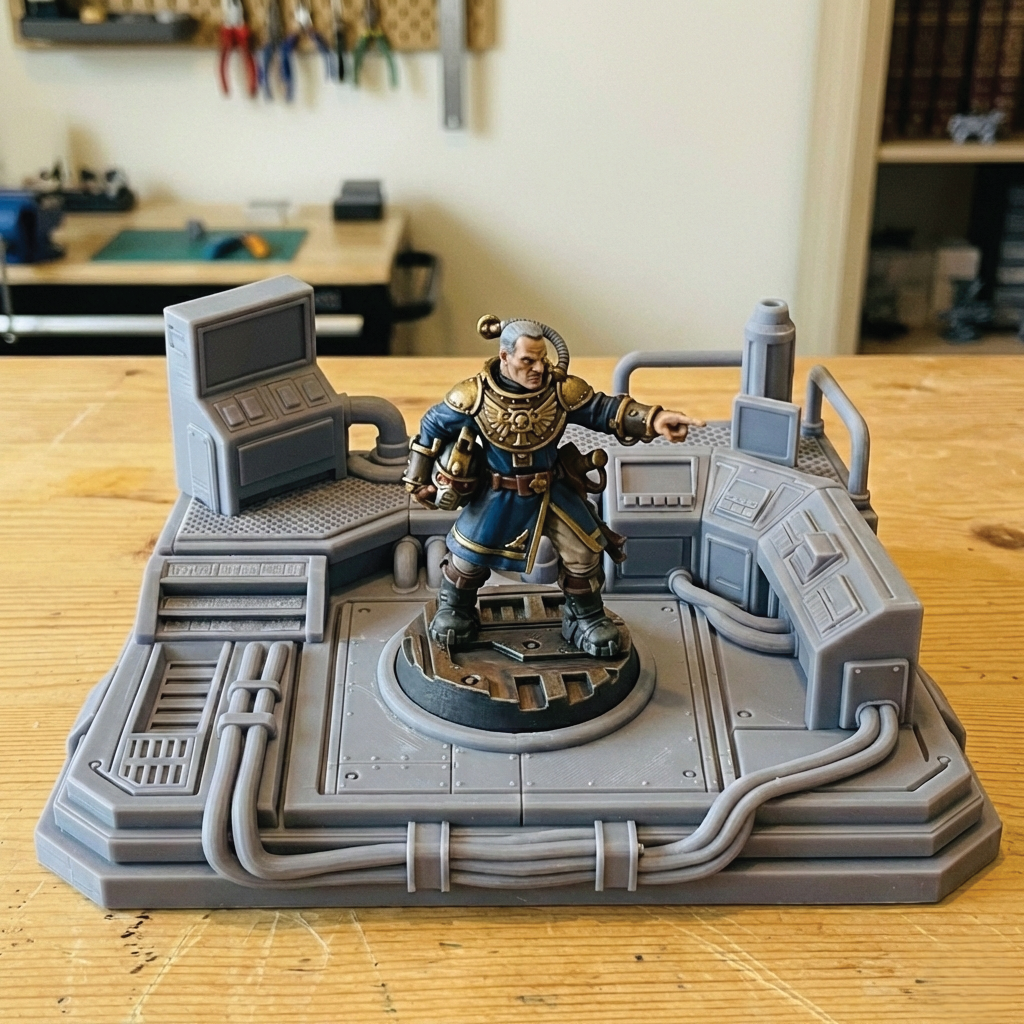 A painted fantasy miniature of a warrior standing on a gray sci-fi control platform base, photographed on a wooden tabletop with a workshop or room blurred in the background.