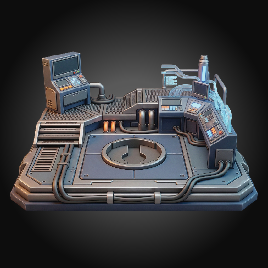 A detailed 3D render of a futuristic sci-fi control console platform, featuring multiple computer terminals, piping systems, and metallic panels in shades of gray, blue, and silver.