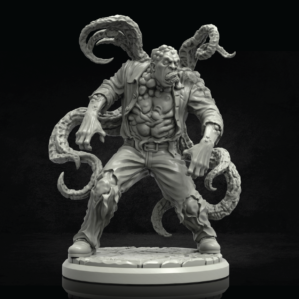Gray-scale figurine of a muscular character with tentacle-like appendages on a black background