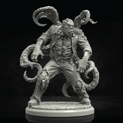 Gray-scale figurine of a muscular character with tentacle-like appendages on a black background