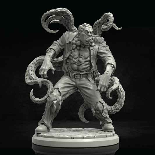 Gray-scale figurine of a muscular character with tentacle-like appendages on a black background