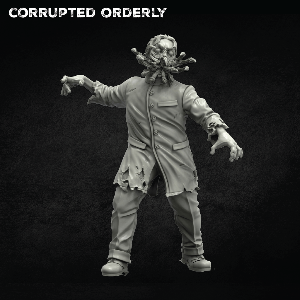 An unpainted gray miniature figurine of a zombie-like character wearing a tattered coat and mask, posed against a dark textured background with the text 'CORRUPTED ORDERLY' at the top.