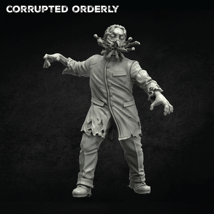 An unpainted gray miniature figurine of a zombie-like character wearing a tattered coat and mask, posed against a dark textured background with the text 'CORRUPTED ORDERLY' at the top.