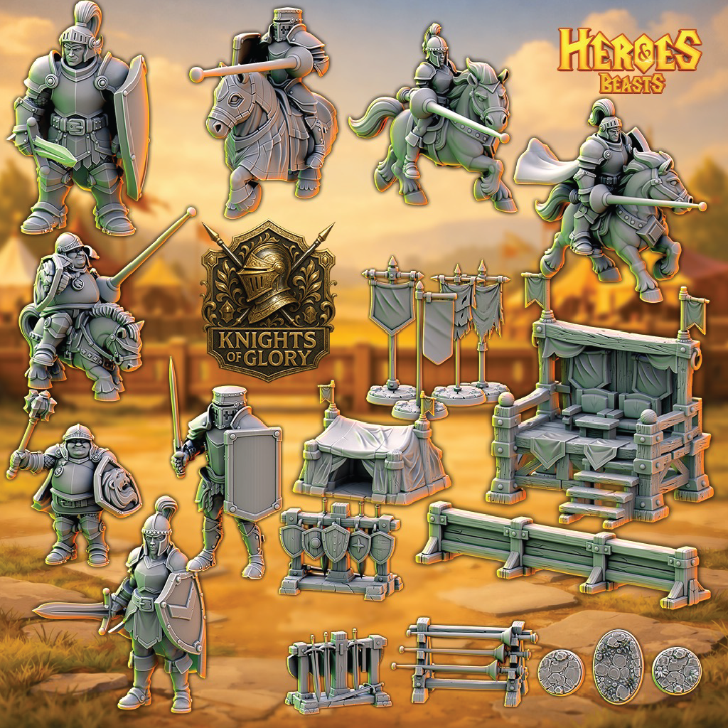 Collection of toy figures and accessories from the 'Knights of Glory' series on a desert-themed background.