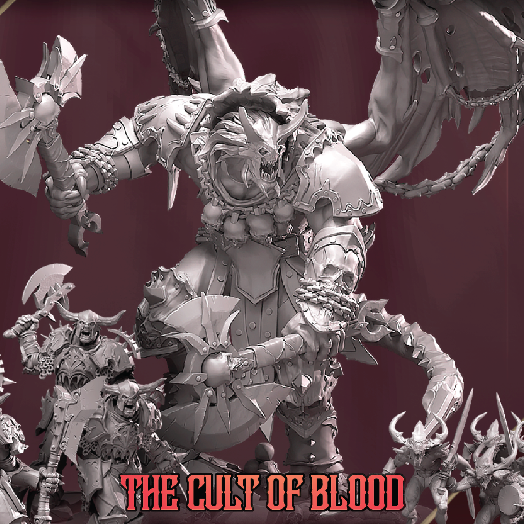 Warhammer figurine with 'The Cult of Blood' text on a red background